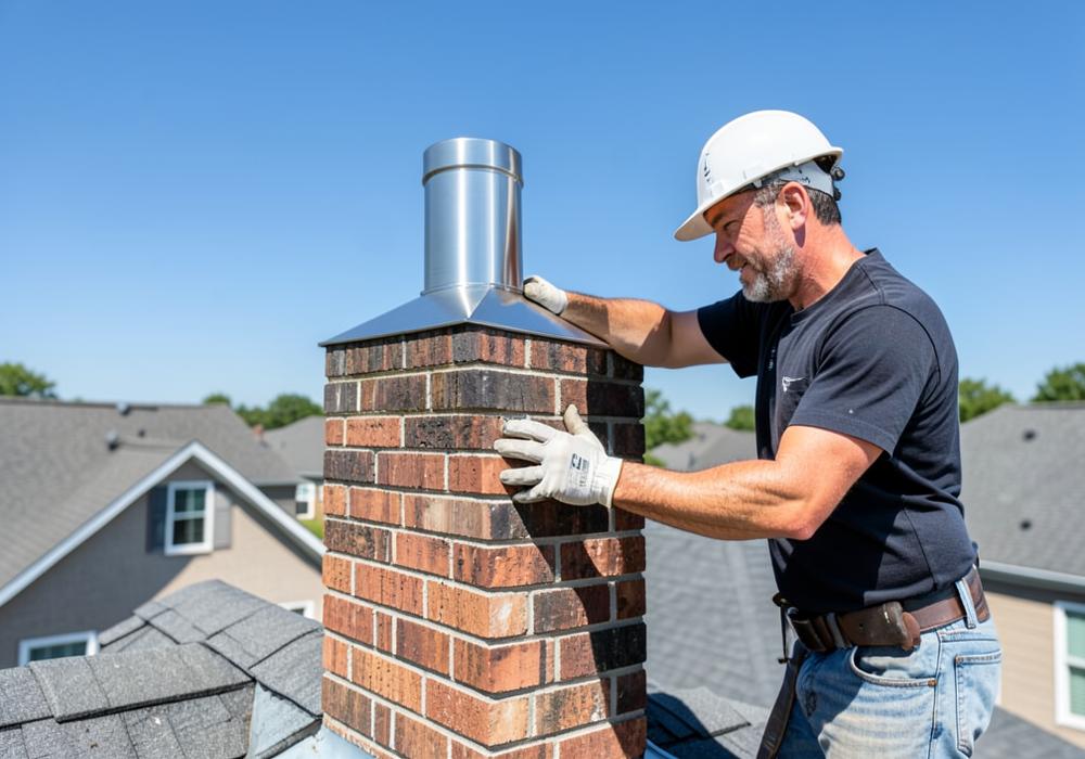 Technician installing a stainless steel chimney cap on a brick chimney