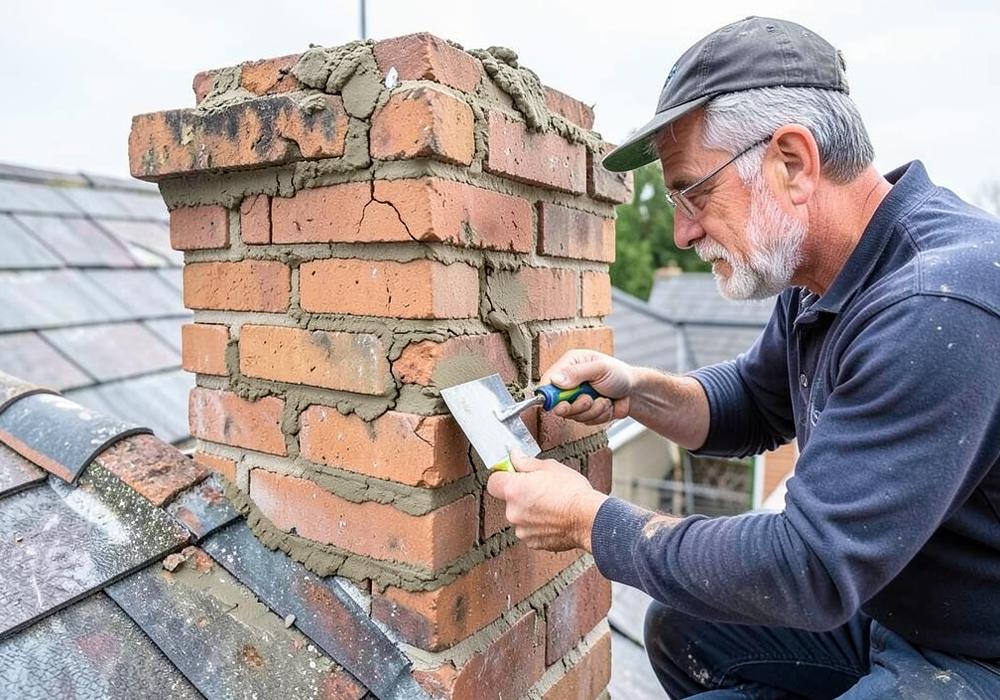 Mason repointing a cracked brick chimney with fresh mortar