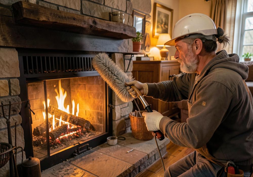 Chimney sweep cleaning a fireplace flue with a professional brush